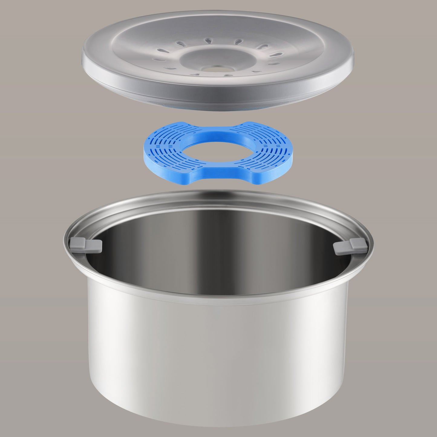 Components of PuppHub's Zero Splash Ultra pet water bowl including bowl and floating plate.