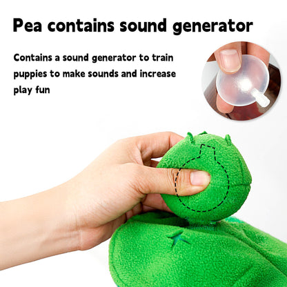 Hand squeezing PuppHub Pea Pod Dog Toy highlighting sound generator feature