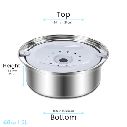 PuppHub Zero Splash Ultra pet water bowl 2L with floating plate, measurements included.