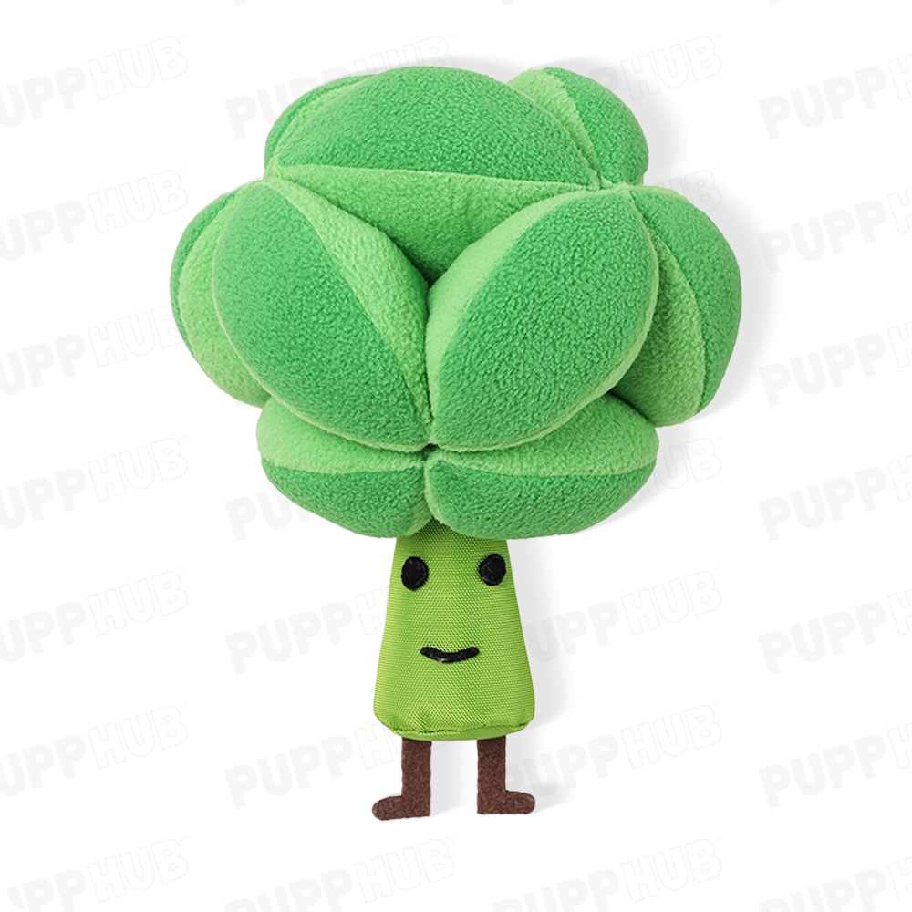 PuppHub interactive broccoli dog toy with cute face and soft fabric