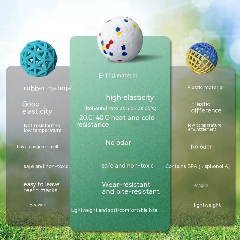 Dog toy material comparison: E-TPU offers high elasticity, safety, and durability.