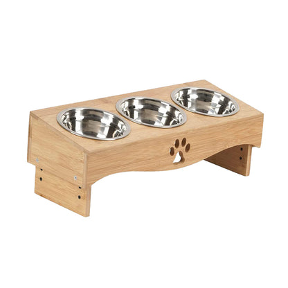 3 Bowls Pet Feeder With Liftable Wooden Stand