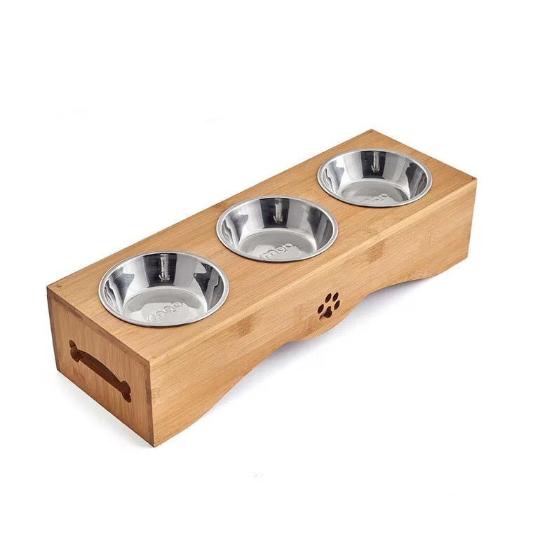 3 Bowls Set With Wooden Stand For Pet