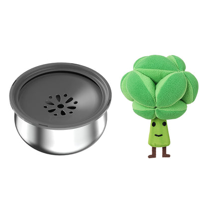 PuppHub broccoli plush dog toy beside stainless steel anti-spill dog bowl for pets