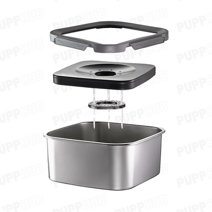 Exploded view of Zero Splash No Spill Dog Bowl highlighting stainless steel and filter design