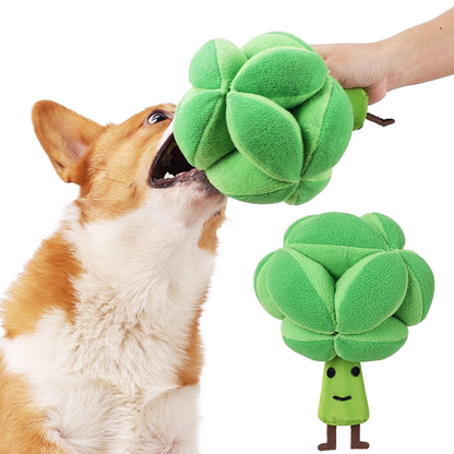 Corgi tugging on PuppHub broccoli dog toy, showcasing its playful design