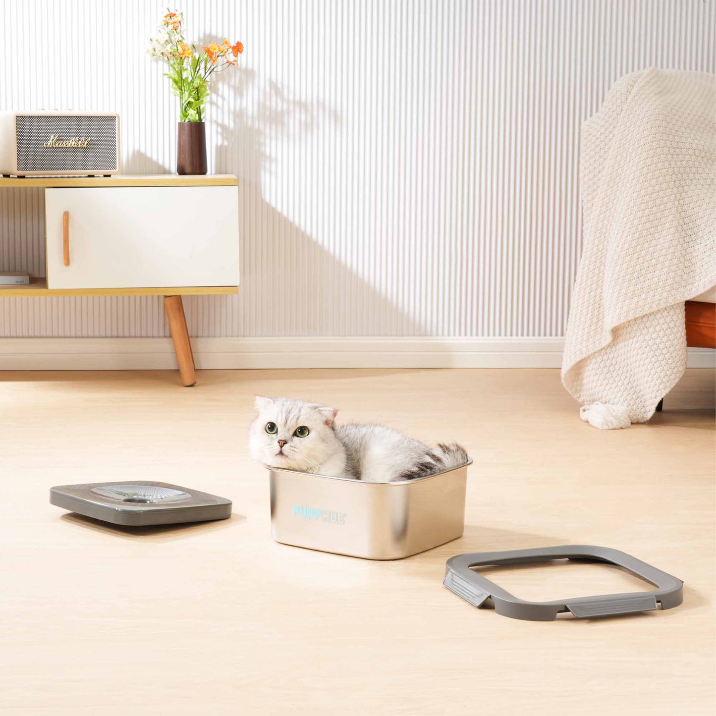 Cat sitting inside stainless steel dog bowl with floating disk and lid beside.