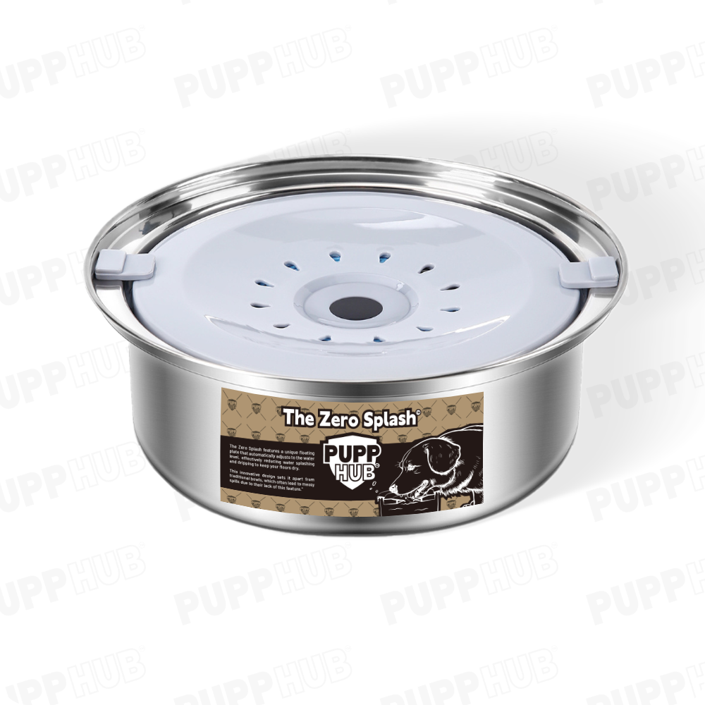 PuppHub Zero Splash Ultra stainless steel water bowl with blue floating plate and filter.