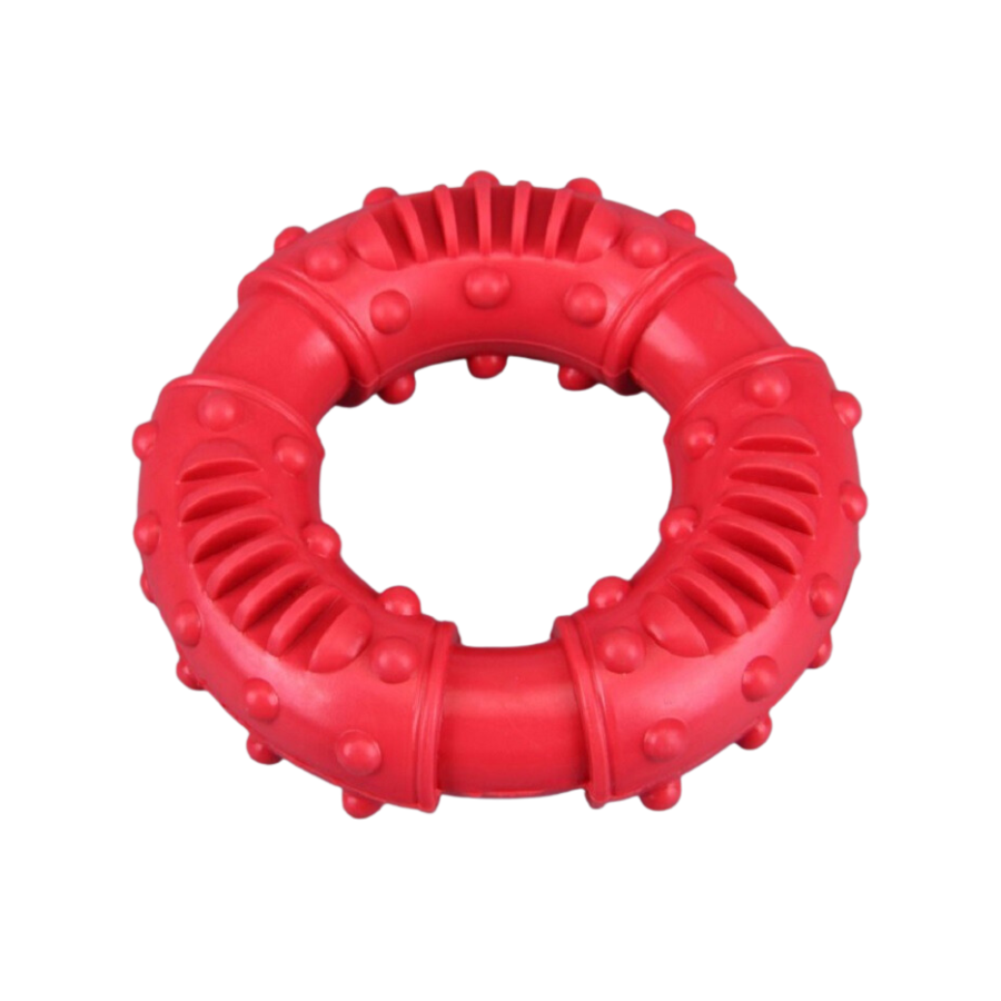 Red durable interactive dog toy promotes dental health and fun playtime.