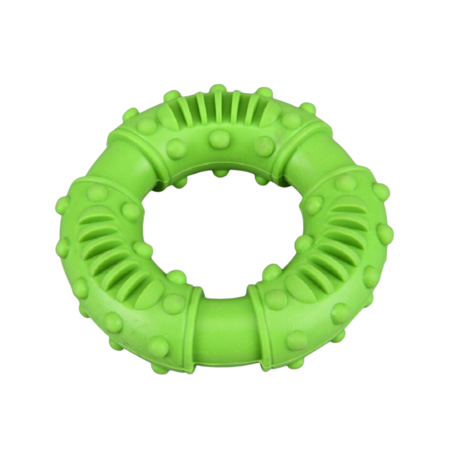 Green interactive donut dog toy for promoting dental health and fun chewing.