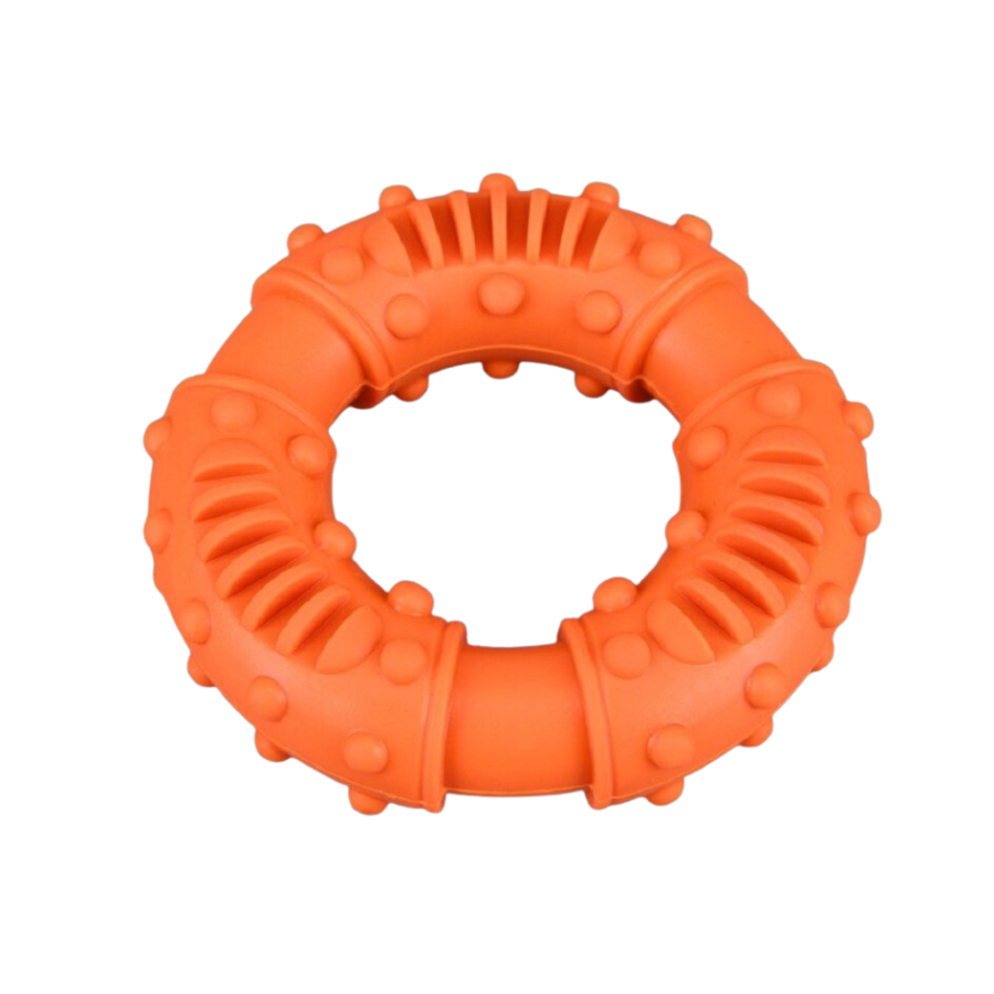 Orange interactive donut chew toy for strong chewers, promotes dental care.