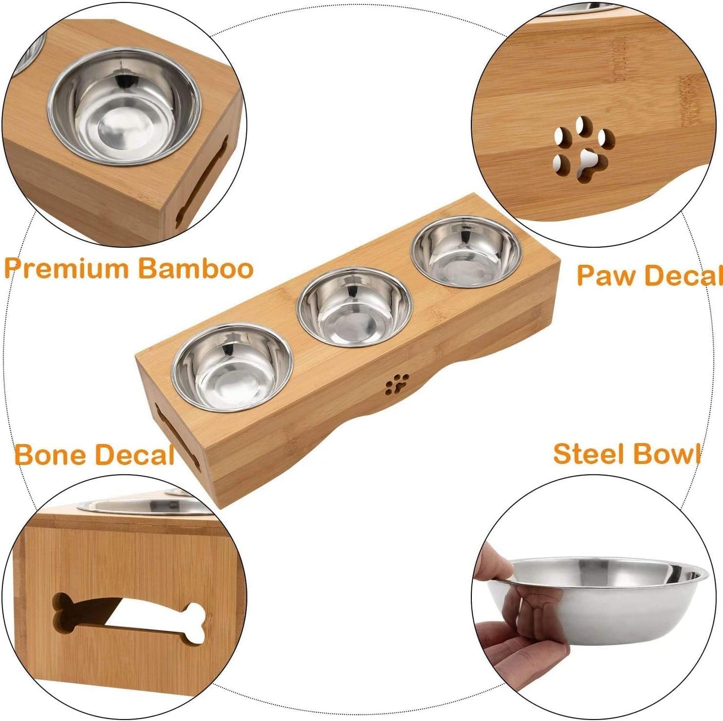 3 Bowls Set With Wooden Stand For Pet