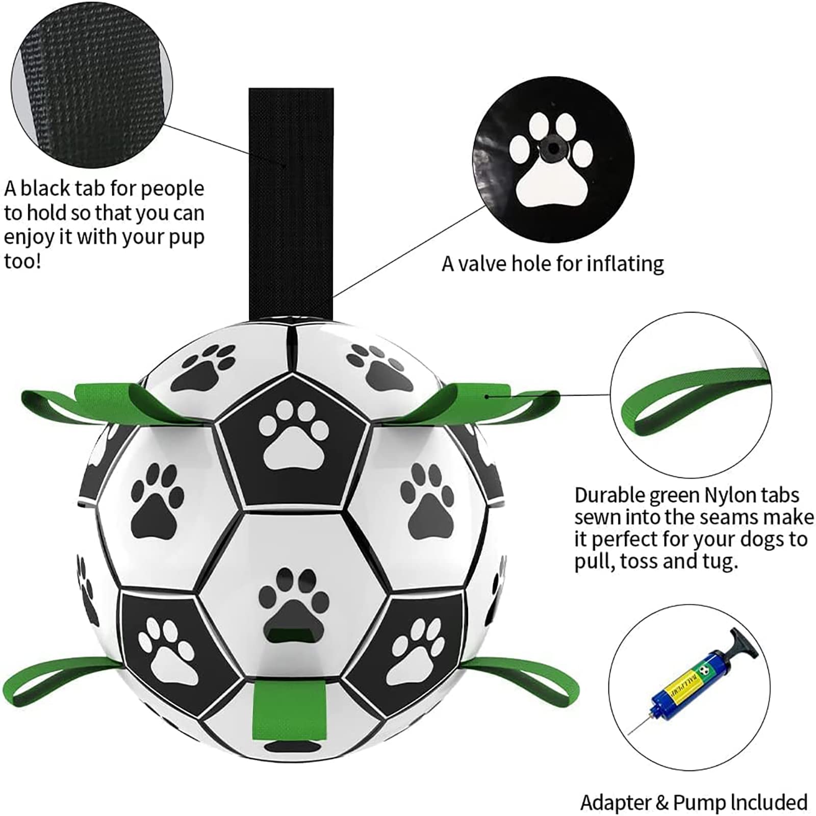 Interactive dog soccer ball featuring paw prints and straps,includes pump for easy inflation.