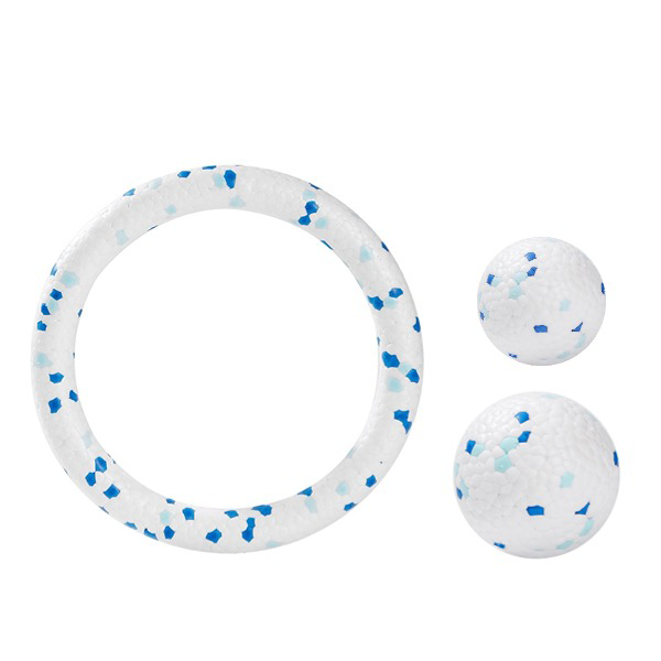 Durable blue and white dog play ring and ball set for active fetch and safe play.