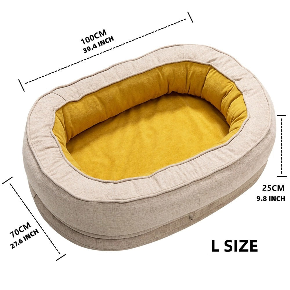 Beige oval dog bed with yellow interior and dimensions for medium pets