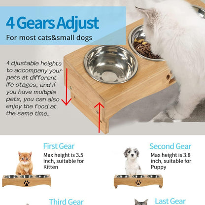 3 Bowls Pet Feeder With Liftable Wooden Stand