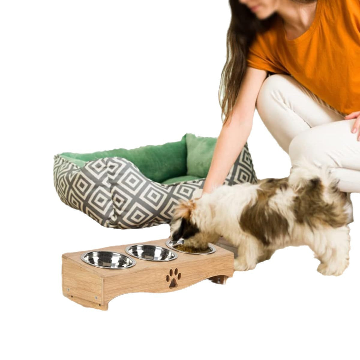 3 Bowls Pet Feeder With Liftable Wooden Stand