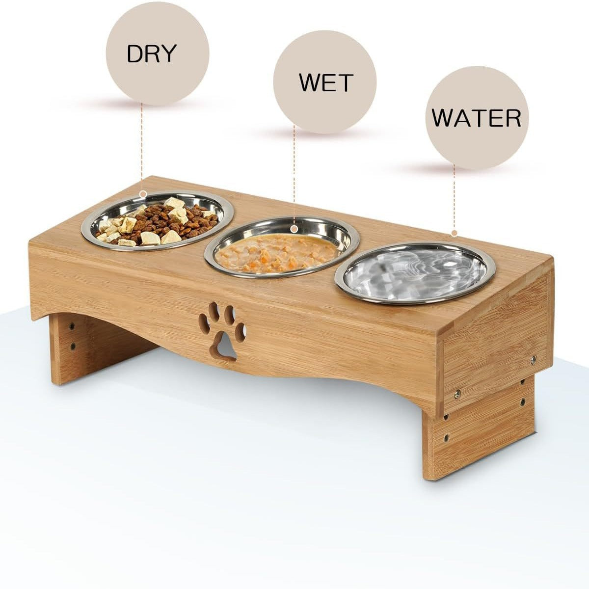 3 Bowls Pet Feeder With Liftable Wooden Stand