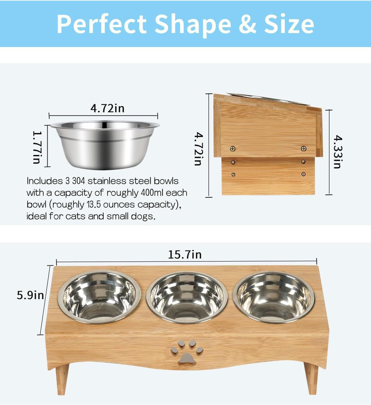 3 Bowls Pet Feeder With Liftable Wooden Stand