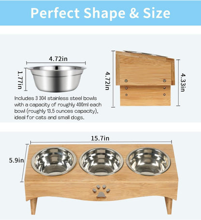 3 Bowls Pet Feeder With Liftable Wooden Stand